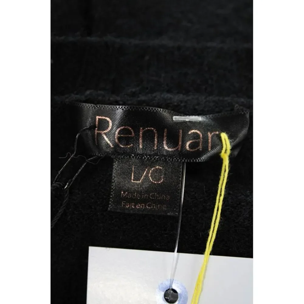 Renuar Womens Front Pockets Crew Neck Pullover Sweater Top Black Size L